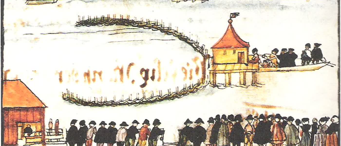 Grabado histórico del ahogamiento de Felix Manz en el río Limmat, Zúrich, 1527