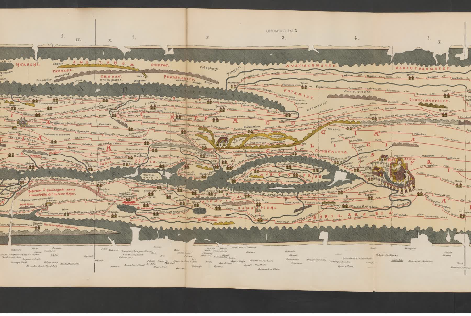 Tabula Peutingeriana, mapa romano de rutas y calzadas del siglo IV/XIII, sección de Siria