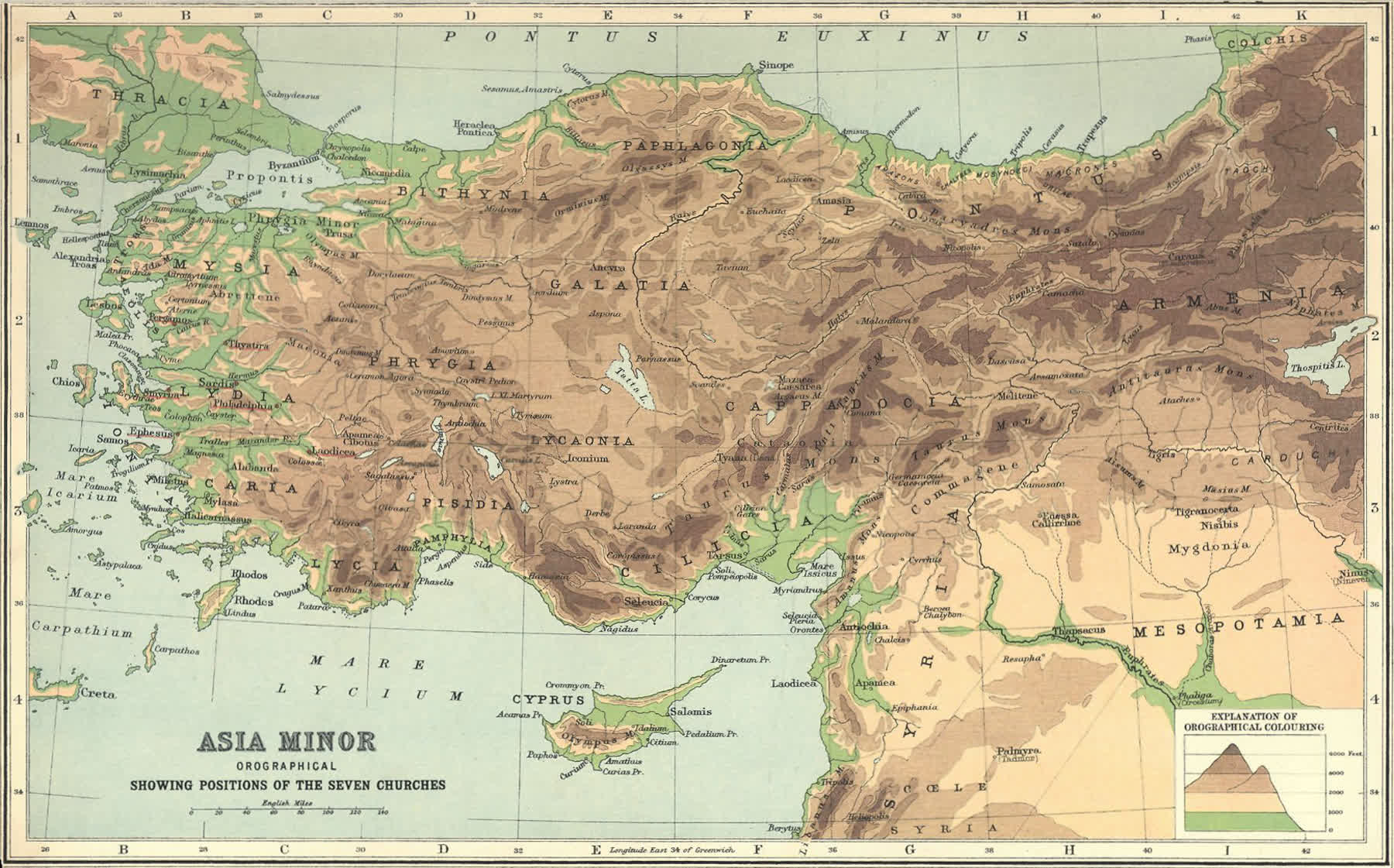 Mapa histórico de Asia Menor mostrando la posición de las siete iglesias del Apocalipsis